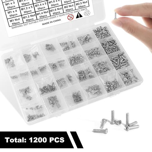 1200pcs Metric Tiny/Very Small/Micro Machine Screw Nuts Assortment Kit, 304 Stainless Steel, M1 M1.2 M1.4 M1.6 M2 M2.5 Phillips Pan Head Screws Nuts for Watch, Toy, Electronic Equipment Repair in Saudi Arabia