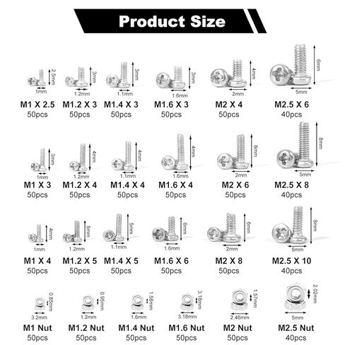 1200pcs Metric Tiny/Very Small/Micro Machine Screw Nuts Assortment Kit, 304 Stainless Steel, M1 M1.2 M1.4 M1.6 M2 M2.5 Phillips Pan Head Screws Nuts for Watch, Toy, Electronic Equipment Repair in Saudi Arabia