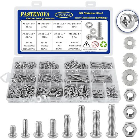 357pcs Machine Screws Assortment Kit, Phillips Pan Head, 304 Stainless Steel Screw Nut Washers Assortment Kit with Case#6-32#8-32#10-24 in Saudi Arabia