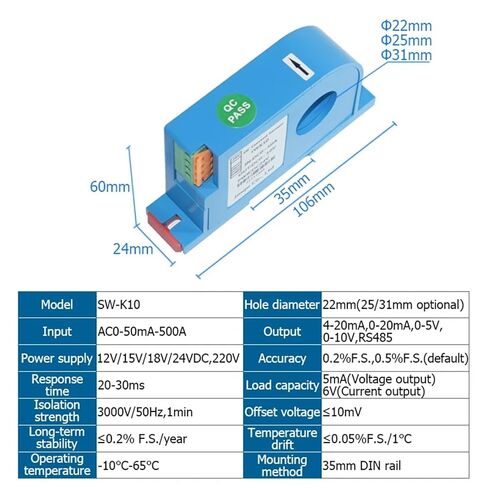 1PCS AC Hall Current Transmitter AC0-5A-500A Current 4-20mA 0-20mA 0-5V 10V RS485 Output Perforate Current Sensor(Output RS485,AC0-30A_Hole 20MM_12VDC) in Saudi Arabia