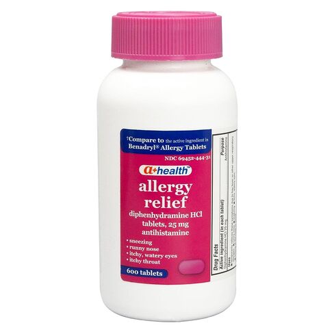 أقراص A+Health Allergy Relief Diphenhydramine HCl 25 ملغ، عدد 600، مضادات الهيستامين لتخفيف سيلان الأنف والعطس والعيون الدامعة، زجاجة كبيرة الحجم ذات قيمة كبيرة للبالغين والأطفال من سن 6 سنوات فما فوق in Kuwait