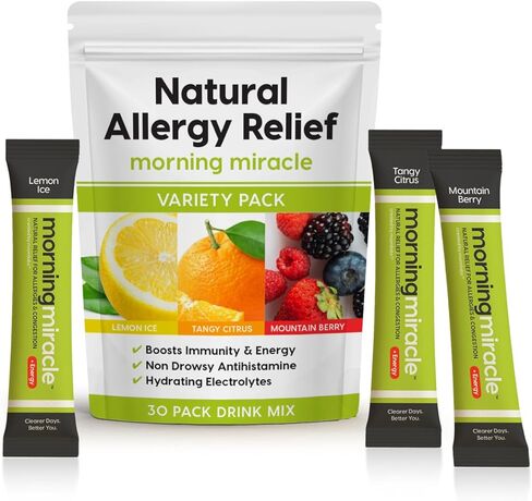 Morning Miracle Natural Allergy Relief Non-Drowsy Drink Mix for Sinus Support, Steady Energy, and Daily Natural Antihistamine for Adults and Kids (Non Caffeinated, 30 Stick Variety Pack) in Saudi Arabia
