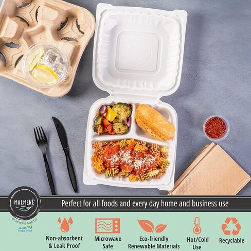 MULMEHË Mineral Filled Polypropylene Plastic Hinged Take Out Food Containers, 8x8x3, Vented Three Compartment, Natural White, 200 per Case in Kuwait