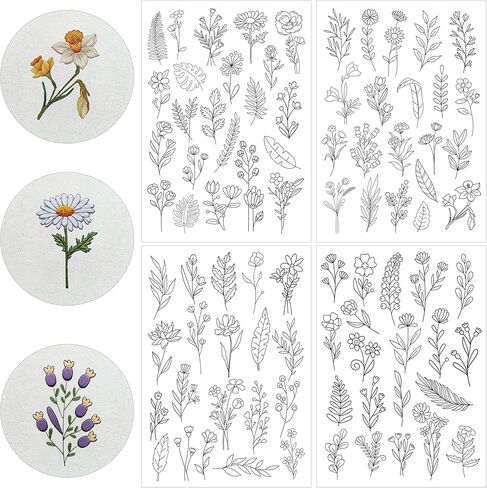 Water Soluble Stabilizer Embroidery Paper - Stick and Stitch Embroidery Paper Wash Away, 124 PCS Embroidery Patterns, Leaves, Butterfly, Mushroom, Book, Flower, Hand Sewing Crafts Gift in Saudi Arabia