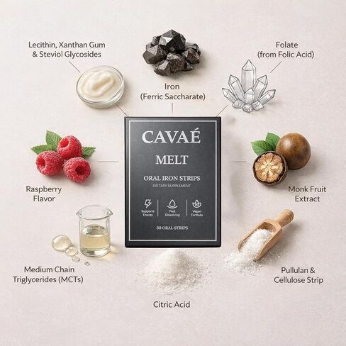 Cavae Iron Melts, with 19mg Ferric Saccharate, Folate, Citric Acid, Monk Fruit, Naturally Enhances Iron Absorption, Gut Health, Boost Energy,Zero Sugar, Raspberry Flavor, 30 Oral Strips (1) in Kuwait