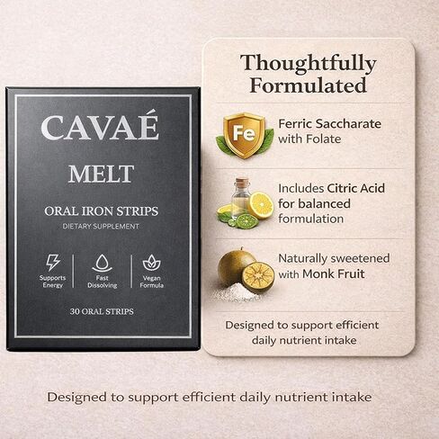 Cavae Iron Melts, with 19mg Ferric Saccharate, Folate, Citric Acid, Monk Fruit, Naturally Enhances Iron Absorption, Gut Health, Boost Energy,Zero Sugar, Raspberry Flavor, 30 Oral Strips (1) in Kuwait