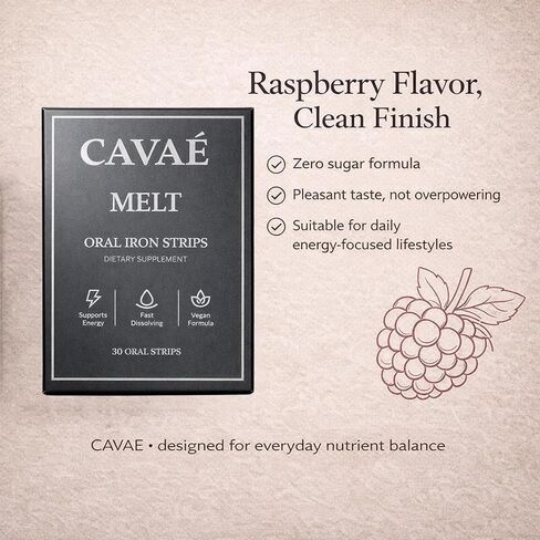 Cavae Iron Melts, with 19mg Ferric Saccharate, Folate, Citric Acid, Monk Fruit, Naturally Enhances Iron Absorption, Gut Health, Boost Energy,Zero Sugar, Raspberry Flavor, 30 Oral Strips (1) in Kuwait