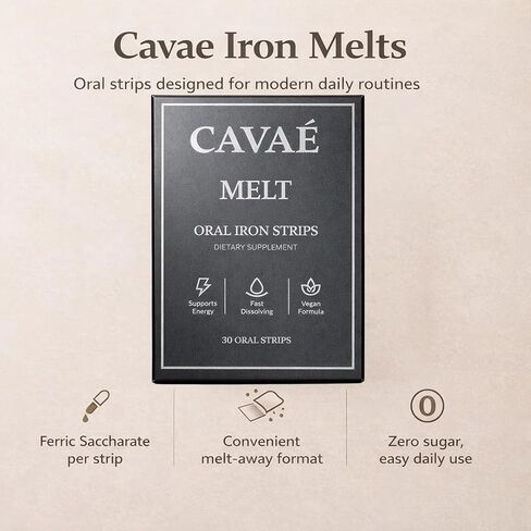 Cavae Iron Melts, with 19mg Ferric Saccharate, Folate, Citric Acid, Monk Fruit, Naturally Enhances Iron Absorption, Gut Health, Boost Energy,Zero Sugar, Raspberry Flavor, 30 Oral Strips (1) in Kuwait