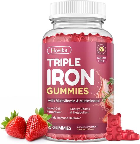 Iron Gummies for Women, Triple Iron Supplement with Multivitamin Iron Gummies with Vitamin C, A, B, Folate, Copper, Zinc for Energy & Blood Support, Immune Health, Vegan, Strawberry Flavor, 60 Counts in Kuwait