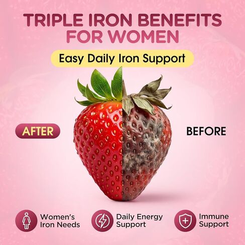 Iron Gummies for Women, Triple Iron Supplement with Multivitamin Iron Gummies with Vitamin C, A, B, Folate, Copper, Zinc for Energy & Blood Support, Immune Health, Vegan, Strawberry Flavor, 60 Counts in Saudi Arabia