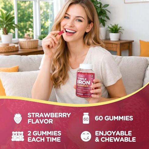 Iron Gummies for Women, Triple Iron Supplement with Multivitamin Iron Gummies with Vitamin C, A, B, Folate, Copper, Zinc for Energy & Blood Support, Immune Health, Vegan, Strawberry Flavor, 60 Counts in Saudi Arabia