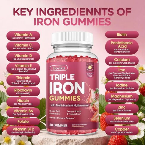 Iron Gummies for Women, Triple Iron Supplement with Multivitamin Iron Gummies with Vitamin C, A, B, Folate, Copper, Zinc for Energy & Blood Support, Immune Health, Vegan, Strawberry Flavor, 60 Counts in Saudi Arabia