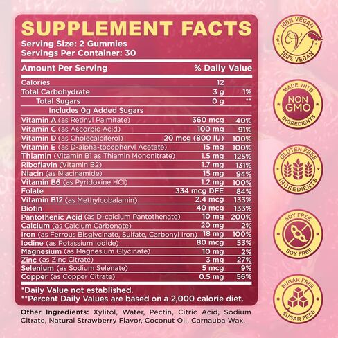 Iron Gummies for Women, Triple Iron Supplement with Multivitamin Iron Gummies with Vitamin C, A, B, Folate, Copper, Zinc for Energy & Blood Support, Immune Health, Vegan, Strawberry Flavor, 60 Counts in Saudi Arabia