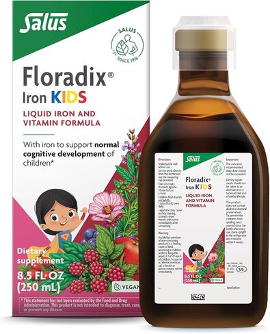 Salus Floradix Iron Kids - Liquid Iron & Vitamin Formula - Children's Supplement with C & B Vitamins - Vegan - Raspberry-Vanilla Flavor - 8.5 fl oz in Kuwait