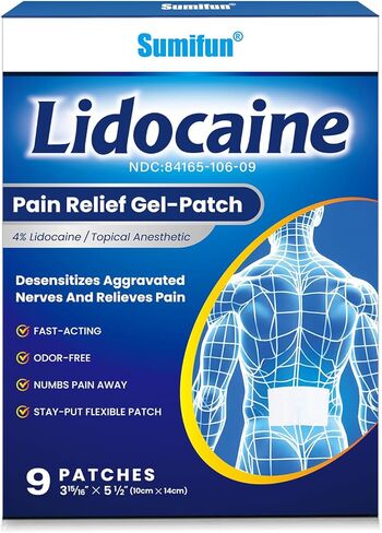 Sumifun Lidocaine Numbing Pain Patches - 9 Counts Maximum OTC Strength Pain Relief for Simple Backache, Muscle Sore, Joint Pain, Sprain, Strain - 5 1/2" X 3 15/16", Fast Acting & Long Lasting 8 Hours in Kuwait
