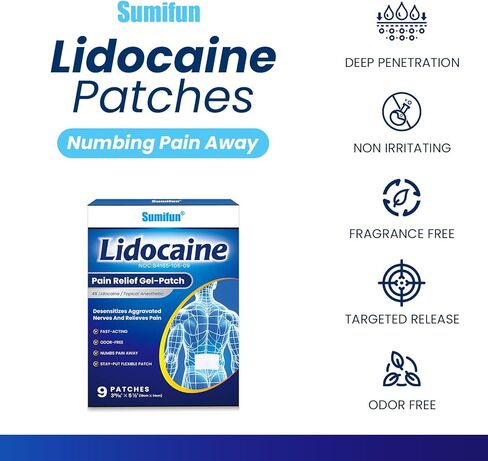 Sumifun Lidocaine Numbing Pain Patches - 9 Counts Maximum OTC Strength Pain Relief for Simple Backache, Muscle Sore, Joint Pain, Sprain, Strain - 5 1/2" X 3 15/16", Fast Acting & Long Lasting 8 Hours in Kuwait