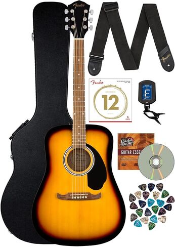 Fender FA-125 Dreadnought Acoustic Guitar - Sunburst Bundle with Hard Case, Tuner, Strings, Strap, Picks, and Austin Bazaar Instructional DVD in Saudi Arabia