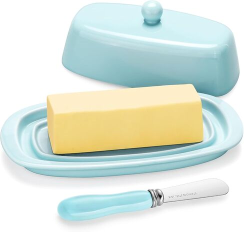طبق زبدة سيراميك من Yedio مع غطاء وسكين لثلاجة سطح الطاولة، حامل زبدة بيضاء مقاس 8 بوصة مع مقبض غطاء من البورسلين لعصا زبدة الساحل الشرقي الغربي in Kuwait