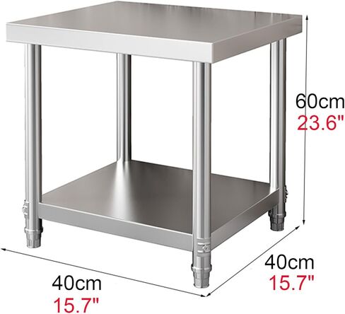 طاولة عمل من الفولاذ المقاوم للصدأ بطبقتين، طاولة عمل تجارية شديدة التحمل مع رف قاعدة (60 × 60 × 60 سم / 23.6 × 23.6 × 23.6) in Kuwait