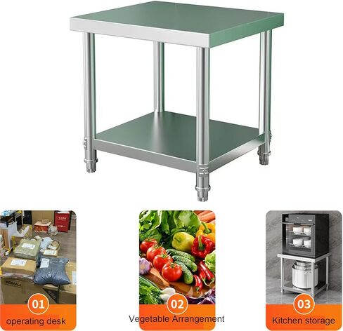 طاولة عمل من الفولاذ المقاوم للصدأ بطبقتين، طاولة عمل تجارية شديدة التحمل مع رف قاعدة (60 × 60 × 60 سم / 23.6 × 23.6 × 23.6) in Kuwait
