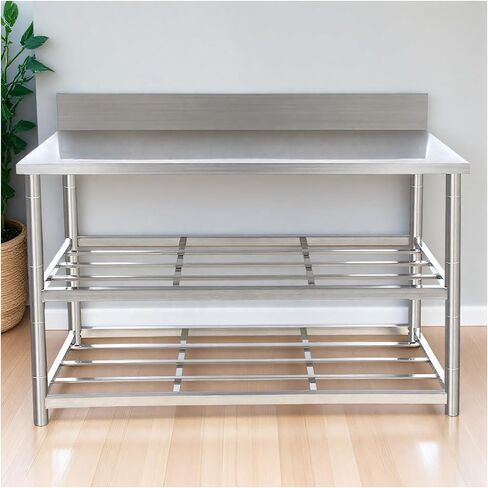 طاولة عمل من الفولاذ المقاوم للصدأ سميكة قابلة للإزالة بثلاث طبقات لتخزين المطبخ رف رف مخرم مع منضدة عمل الدرابزين المرتفعة (47.2 × 19.7 × 31.5 بوصة) in Kuwait