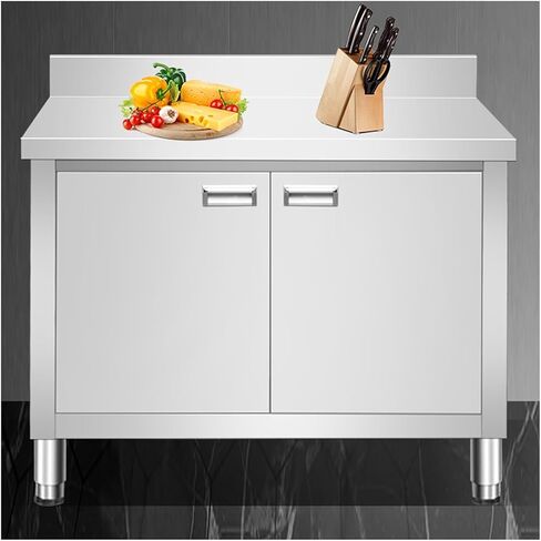 منضدة باب زوجية من الفولاذ المقاوم للصدأ مع مسند ظهر للمطبخ التجاري وطاولة إعداد المطاعم ومقبض مدمج وطاولة عمل معدنية (90 × 60 × 80 سم / 35.4 × 23.6 × 31.5) in Kuwait