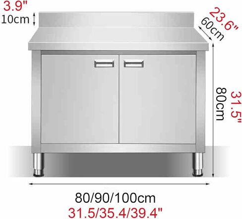منضدة باب زوجية من الفولاذ المقاوم للصدأ مع مسند ظهر للمطبخ التجاري وطاولة إعداد المطاعم ومقبض مدمج وطاولة عمل معدنية (90 × 60 × 80 سم / 35.4 × 23.6 × 31.5) in Kuwait