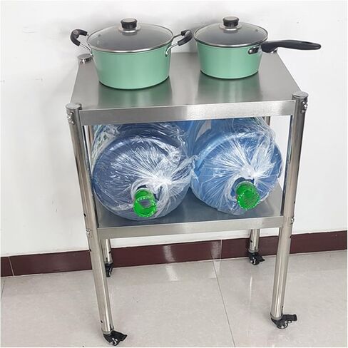 طاولة عمل للمطبخ سميكة من الفولاذ المقاوم للصدأ مكونة من طبقتين مع عجلات عالمية صامتة وتباعد الطبقة السفلية قابل للتعديل (27.6 × 19.7 × 32.3 بوصة) in Kuwait