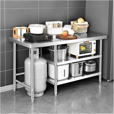 طاولة عمل تجارية للمطاعم من 3 طبقات، منضدة سميكة من الفولاذ المقاوم للصدأ، تصميم زاوية مستديرة، هيكل مثلث، قدم قابلة للتعديل (15.7 × 39.4 × 31.5 بوصة) in Kuwait