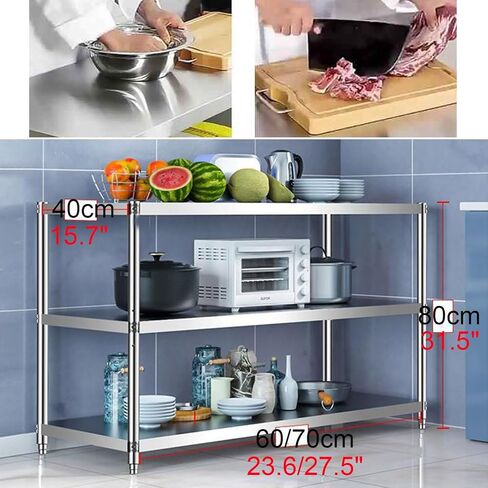 Stainless Steel Shelving Adjustable Tier Height Kitchen Workbench 3 Tier Heavy Duty Commercial Prep TableVertical Shelving Work Table(60x40x80cm/23.6x15.7x31.5) in Saudi Arabia