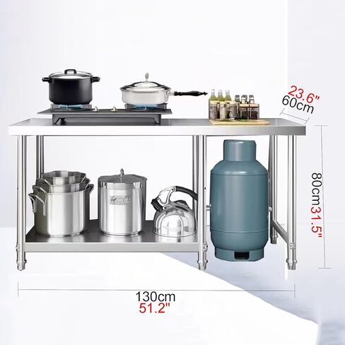 Thickened 304 Stainless Steel Kitchen Work Table Restaurant Cutting Table Stainless Steel Brushed Warehouse Storage Rack Easy to Clean(51.2x23.6x31.5in) in Saudi Arabia