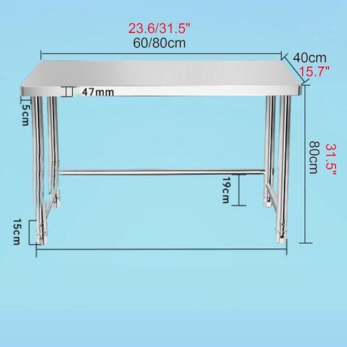 Single Tier Stainless Steel Work Table Open Storage Shelves Rounded Corners Heavy Duty Adjustable Floor Worktops(60x40x80cm/23.6x15.7x31.5) in Saudi Arabia