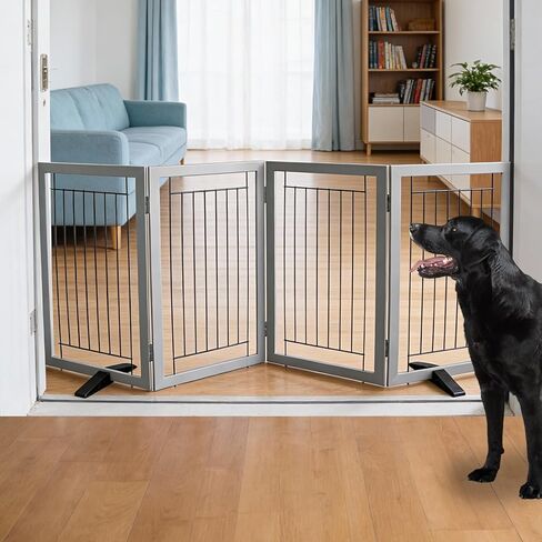 ZJSF FreeStanding Dog Gate Indoor ، سياج الكلب القابل للطي للمداخل أو الممرات أو الدرج ، بوابة حيوان أليف عريض الخشب قوي مع أقدام الدعم ، الأسود ، 24 بوصة-3 ألواح in Kuwait