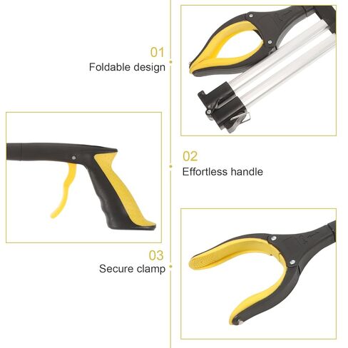 Foldable 3-Section Trash Picker Grabber with Long Handle, Yellow Garbage Clamp Tool for Elderly and Outdoor Litter Pickup, Portable Waste Grab Tool for Sanitation and Cleanup in Saudi Arabia