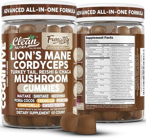 Clean Nutra Lions Mane Mushroom Gummies Cordyceps Supplement for Memory and Focus Immune Support Vitamins Reishi Chaga Turkey Tail Mushrooms Gummy Shiitake Maitake Meshima Supplements in Saudi Arabia