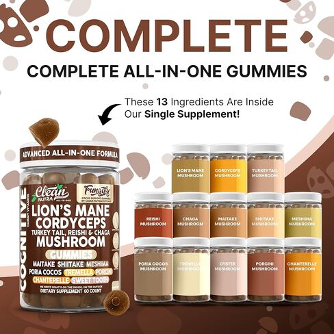 Clean Nutra Lions Mane Mushroom Gummies Cordyceps Supplement for Memory and Focus Immune Support Vitamins Reishi Chaga Turkey Tail Mushrooms Gummy Shiitake Maitake Meshima Supplements in Saudi Arabia