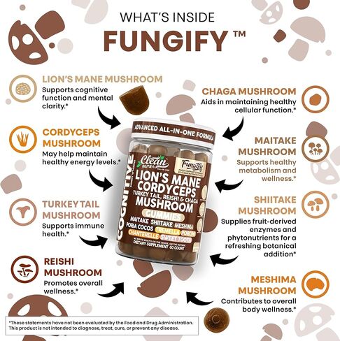 Clean Nutra Lions Mane Mushroom Gummies Cordyceps Supplement for Memory and Focus Immune Support Vitamins Reishi Chaga Turkey Tail Mushrooms Gummy Shiitake Maitake Meshima Supplements in Saudi Arabia