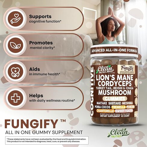 Clean Nutra Lions Mane Mushroom Gummies Cordyceps Supplement for Memory and Focus Immune Support Vitamins Reishi Chaga Turkey Tail Mushrooms Gummy Shiitake Maitake Meshima Supplements in Saudi Arabia
