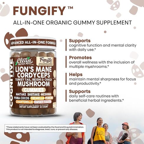 Clean Nutra Lions Mane Mushroom Gummies Cordyceps Supplement for Memory and Focus Immune Support Vitamins Reishi Chaga Turkey Tail Mushrooms Gummy Shiitake Maitake Meshima Supplements in Saudi Arabia