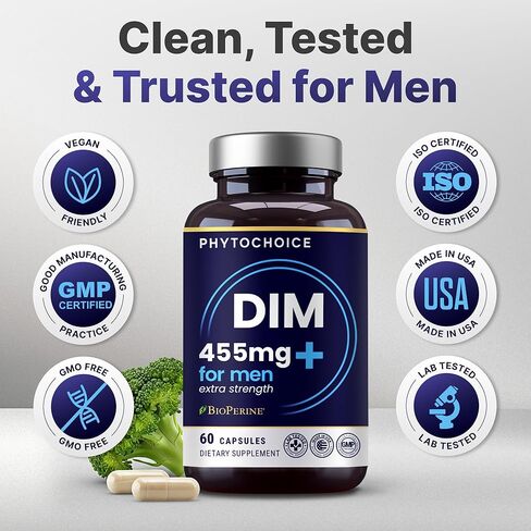 DIM للرجال 350 ملغ عالي الفعالية مع BioPerine® ومستخلص البروكلي - 455 ملغ مركب إجمالي لتوازن الإستروجين وتحسين الهرمونات، مكمل DIM المتقدم للرجال، تركيبة امتصاص نظيفة، 60 كبسولة in Kuwait