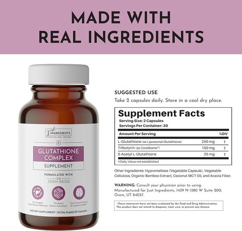 JUST INGREDIENTS Glutathione Complex – 60-Capsule Supplement with Liposomal, S-Acetyl-L-Glutathione & CoreBiome® Tributyrin – Supports Antioxidant Defense, Detoxification & Cellular Health* in Kuwait