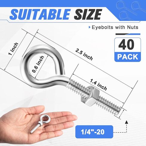 40 Pack Eye Bolts with Nuts 1/4-20 x 2-1/2-Inch Galvanized Steel Eyebolts Eye Hooks Screws for Hanging or Securing Cables Silver DIY Furniture Swing Outdoor Use in Kuwait
