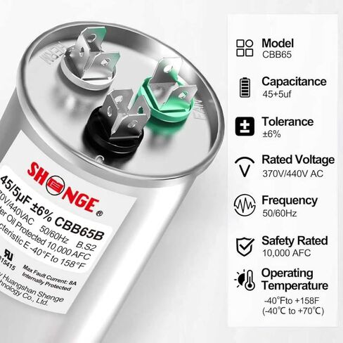45+5uF 45/5 MFD ±6% 370V/440V CBB65B AC Capacitor, Dual Run Round Capacitor Replacement for HVAC Motor Start, Fan Start, Heat Pump, Condenser Straight Cool in Kuwait