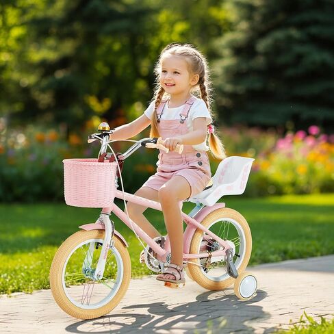 دراجة أطفال للبنات والأولاد من عمر 3 إلى 12 سنة، دراجة أطفال مقاس 12 و14 و16 بوصة مزودة بعجلات تدريب وشرائط وسلة ومقعد دمية، ودراجات أطفال مزودة بنظام فرامل مزدوج، ألوان متعددة in Kuwait