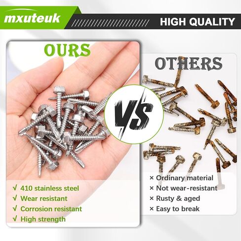 mxuteuk 165 قطعة #8 #10 براغي ذاتية التنصت، 410 براغي سداسية من الفولاذ المقاوم للصدأ برأس حفر ذاتي، براغي معدنية من الصفائح مناسبة للخشب أو المعدن أو المواد الصلبة in Saudi Arabia