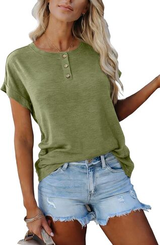 Women's Casual Short Sleeve T-Shirts Summer Basic Crew Neck Henley Shirts in Kuwait