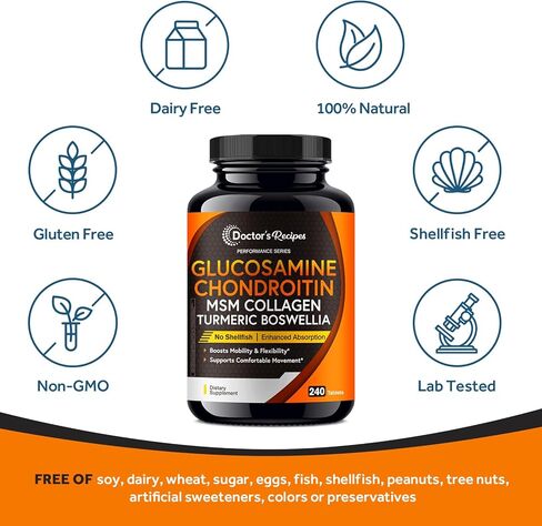 وصفات الطبيب الجلوكوزامين كوندرويتين MSM الكركم كيرسيتين، ملحق دعم الحركة للرجال والنساء، مع الفلفل الأسود لامتصاص عالي، والتنقل والمرونة، بدون محار، 240 قرصًا in Kuwait