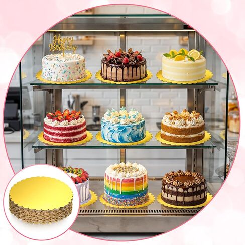 25 حزمة من ألواح الكيك الذهبية مقاس 10 بوصة، دوائر الكيك من الورق المقوى الذهبي، لوحة دوائر الكيك بحافة صدفية ومضادة للدهون، دوائر دائرية من الورق المقوى لتزيين حفلات الزفاف وأعياد الميلاد (ذهبي) in Kuwait