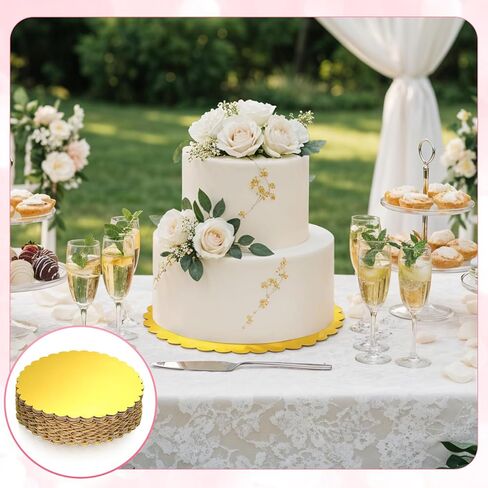 25 حزمة من ألواح الكيك الذهبية مقاس 10 بوصة، دوائر الكيك من الورق المقوى الذهبي، لوحة دوائر الكيك بحافة صدفية ومضادة للدهون، دوائر دائرية من الورق المقوى لتزيين حفلات الزفاف وأعياد الميلاد (ذهبي) in Kuwait