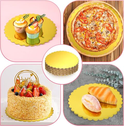 25 حزمة من ألواح الكيك الذهبية مقاس 10 بوصة، دوائر الكيك من الورق المقوى الذهبي، لوحة دوائر الكيك بحافة صدفية ومضادة للدهون، دوائر دائرية من الورق المقوى لتزيين حفلات الزفاف وأعياد الميلاد (ذهبي) in Kuwait